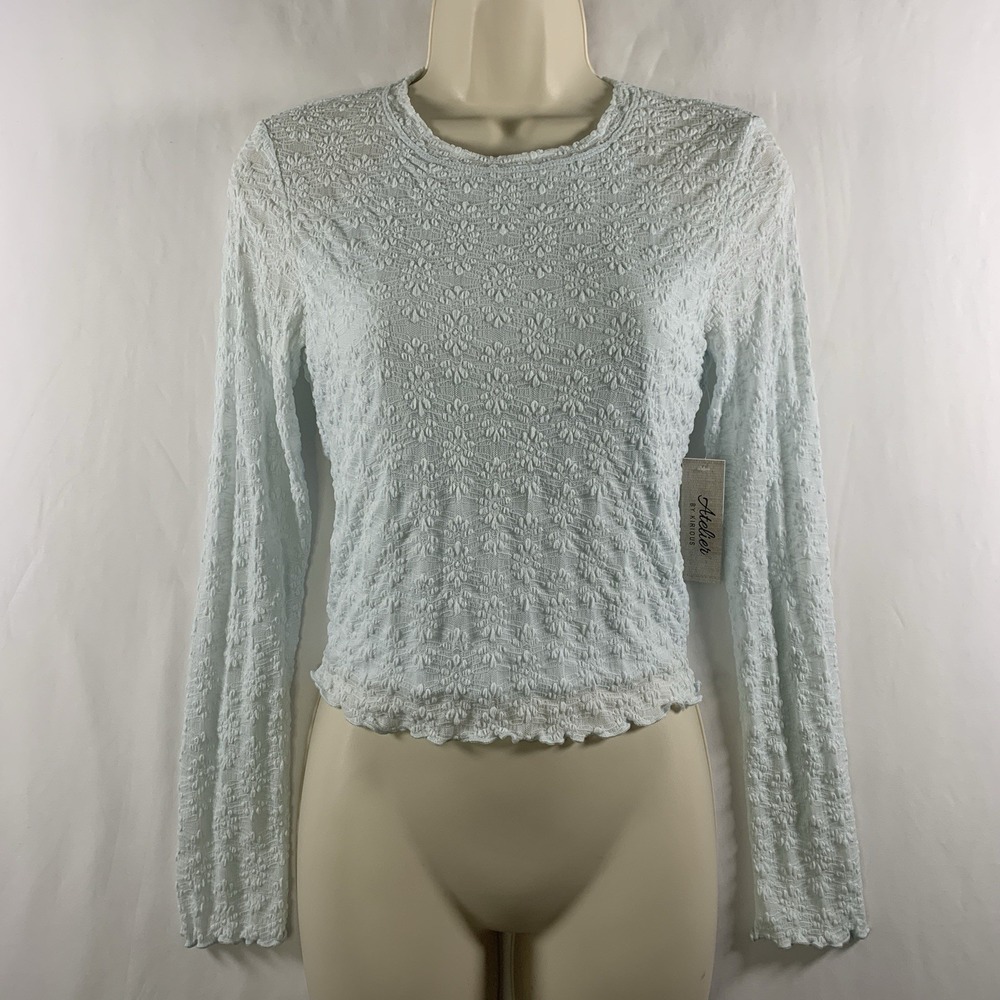 Womens Powder Blue Sheer Mesh Lace Long Sleeve Top Sz S Soft Girl Boho Romantic